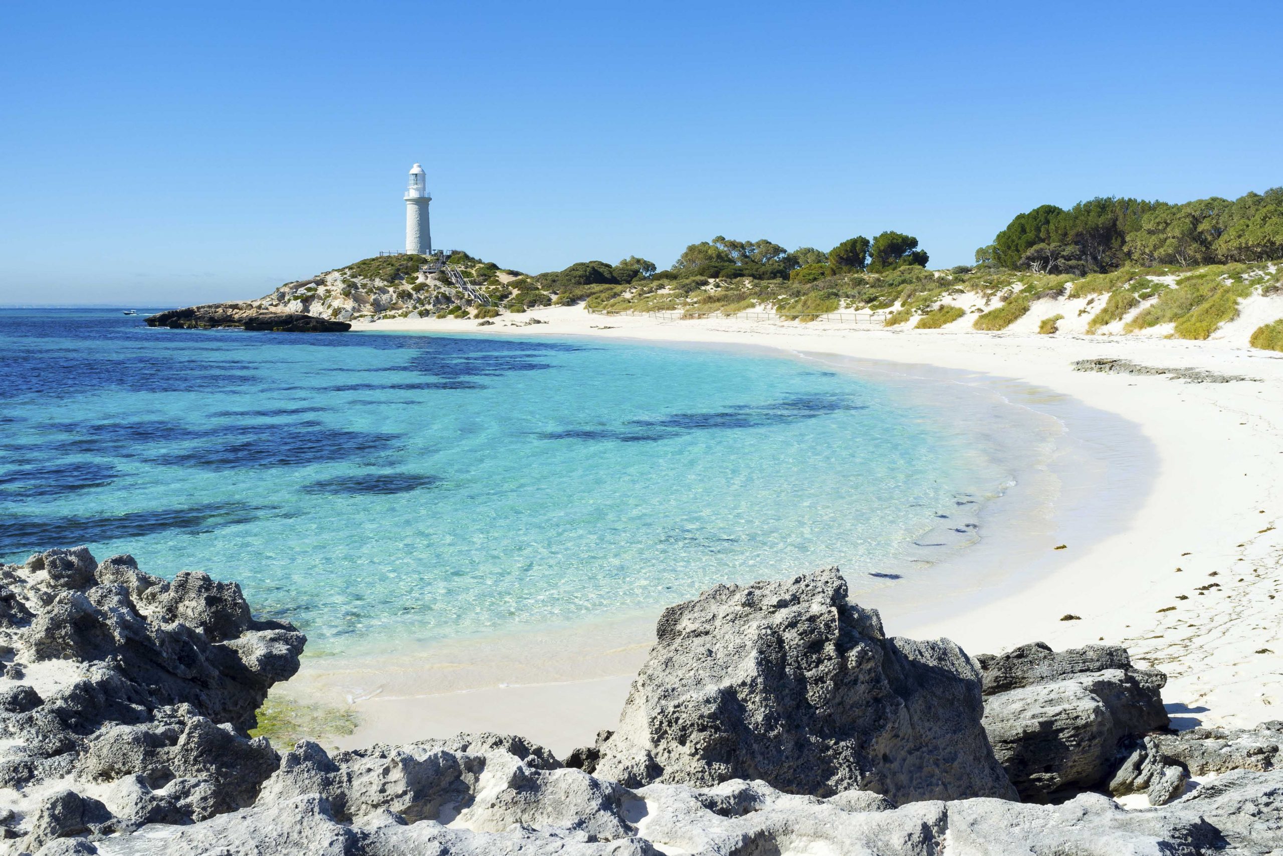 Summer day at Pinky Beach and the Bathurst Lighthouse on Rottnest Island, Perth, Western Australia, Australia.