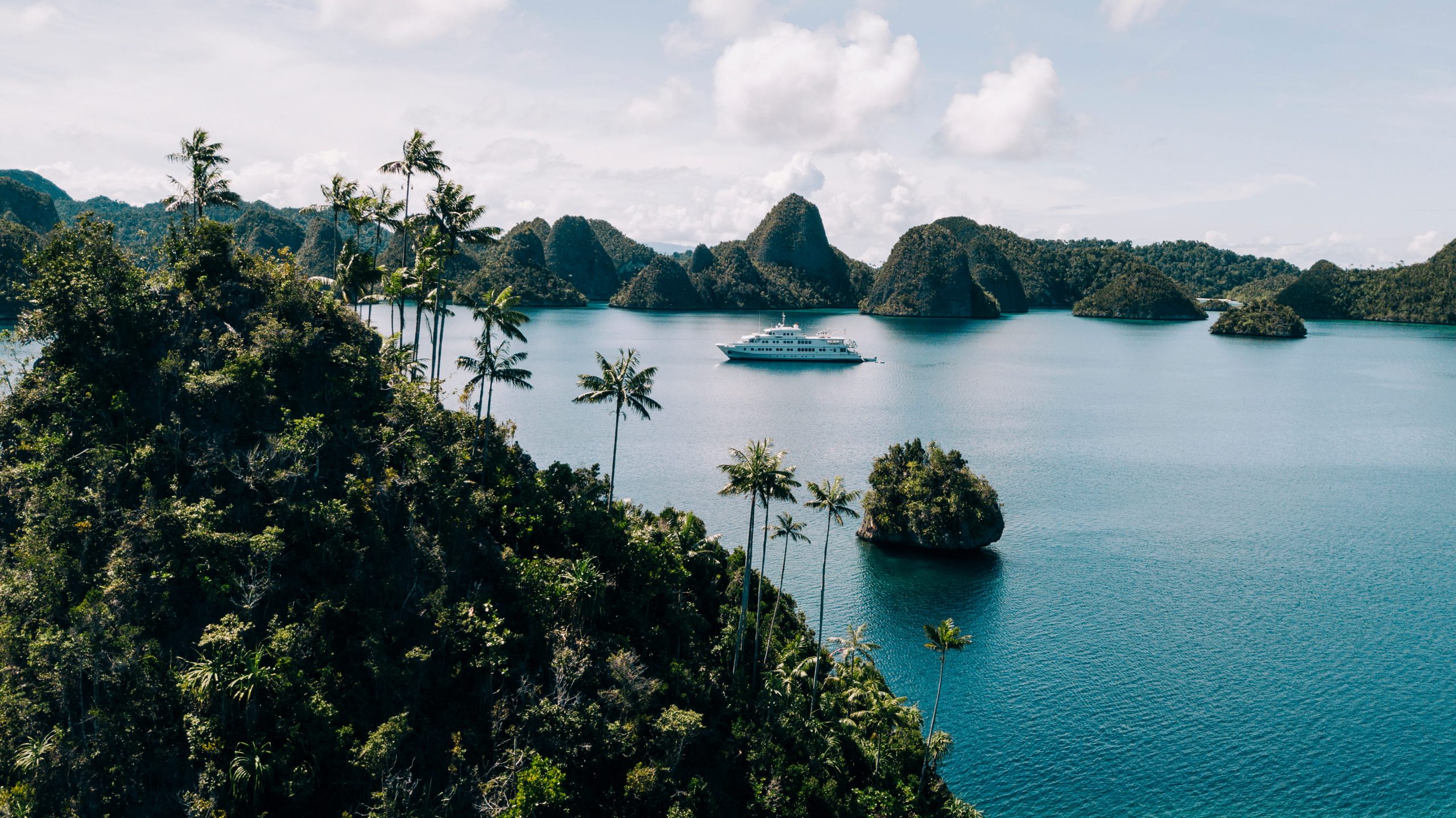True North expedition yacht anchored in a calm bay, surrounded by lush, jungle-covered limestone islands and palm trees in southern Raja Ampat.