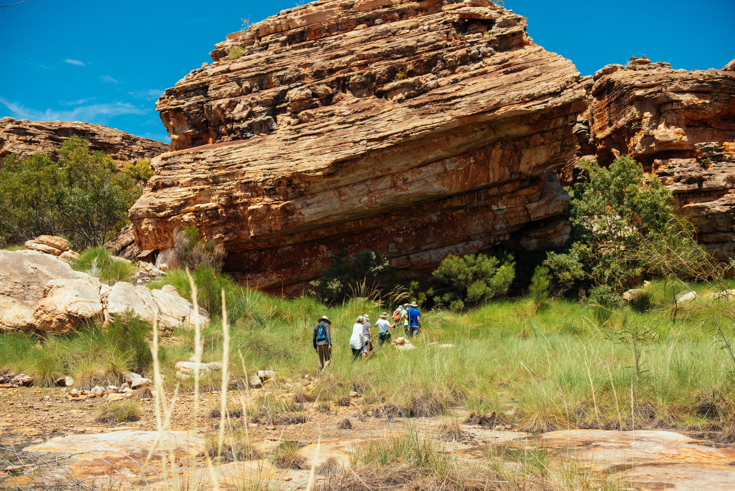 Guests hiking across the Mitchell Plateau beneath massive layered sandstone formations on a guided True North walk.