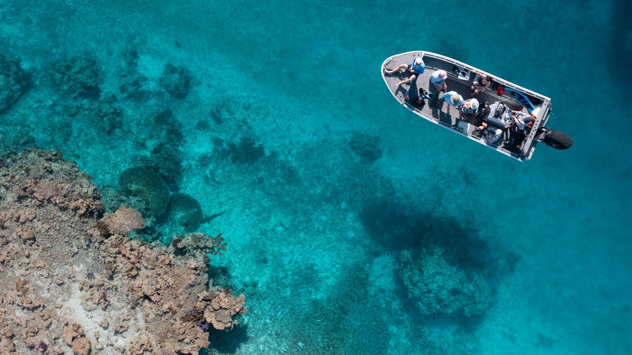 Aerial view of a small expedition boat with guests aboard, floating above vibrant coral formations in the crystal-clear waters of the Great Barrier Reef.
