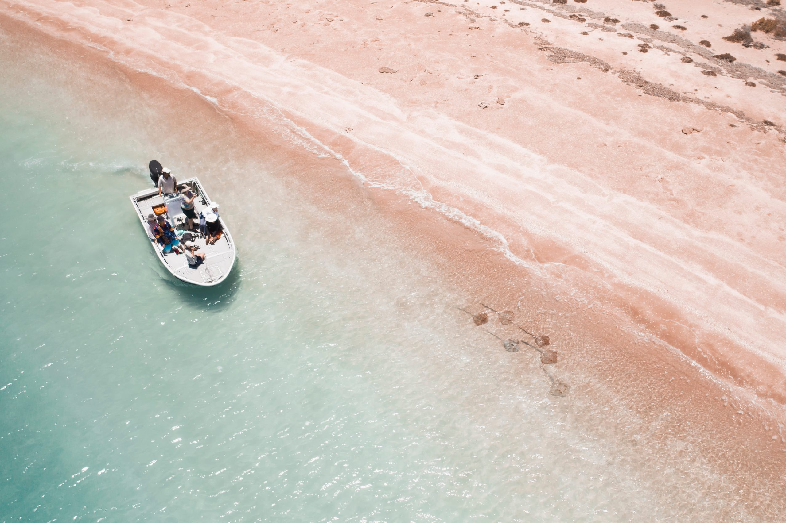 True North guests spotting rays from an expedition tender in shallow turquoise waters along Western Australia’s remote coastline.