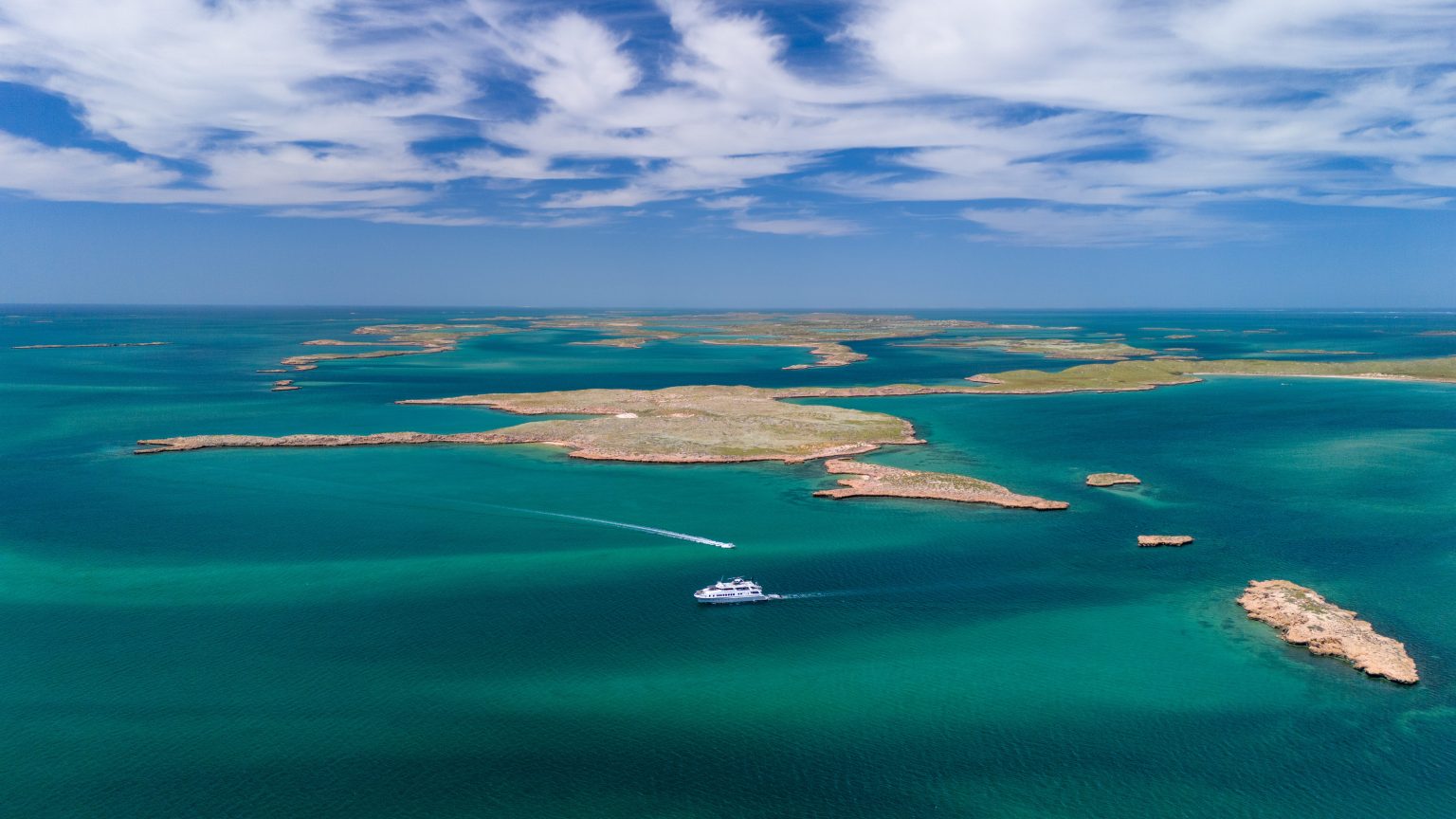 Aerial view of the Montebello Islands during a True North expedition cruise along Western Australia’s remote Coral Coast.