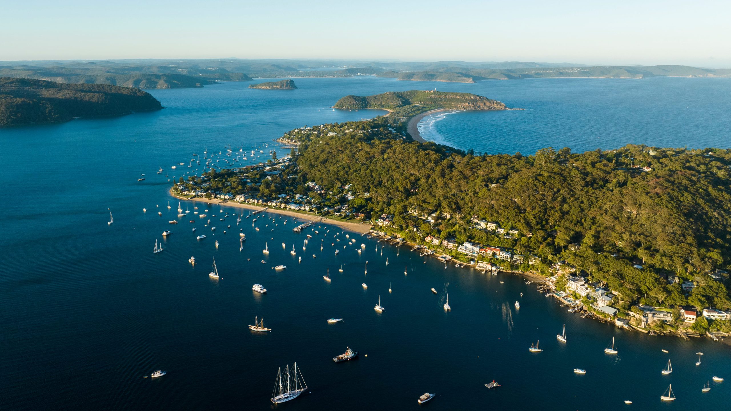 Aerial view of Pittwater and the Hawkesbury region during a True North Sydney Harbour expedition cruise.