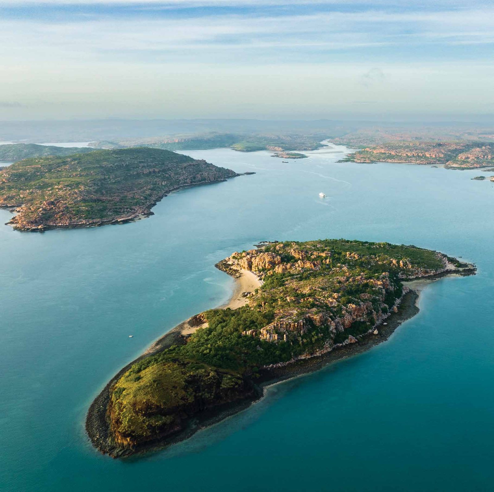 Aerial view of islands and turquoise water in the Kimberley