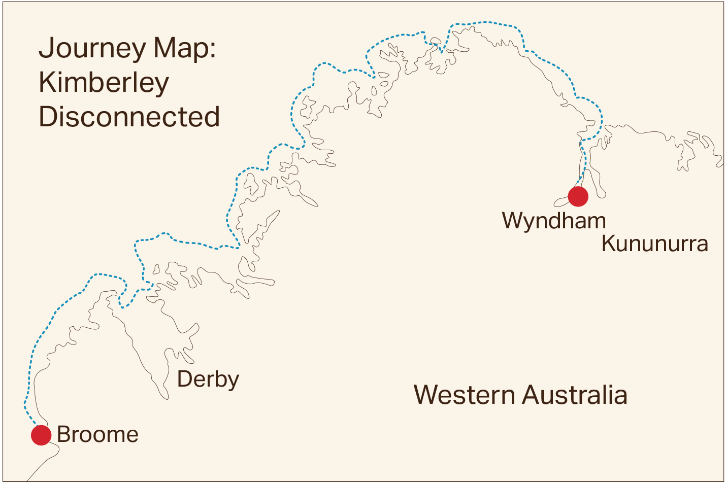 Journey map of Kimberley Disconnected between Broome and Wyndham