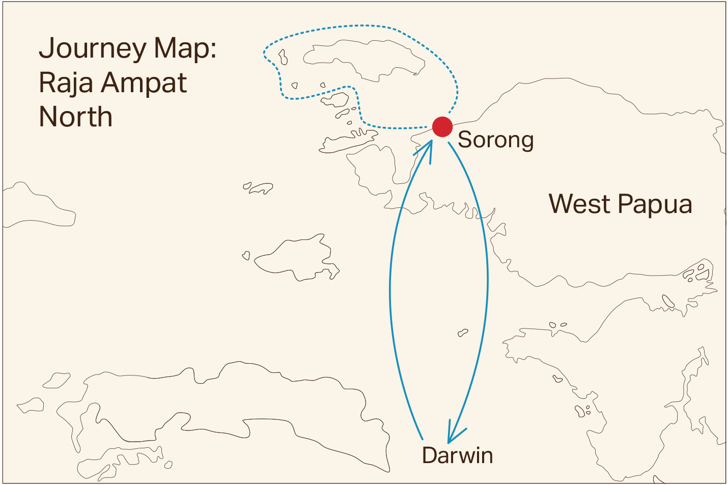 Journey map of Raja Ampat North from Darwin and Sorong