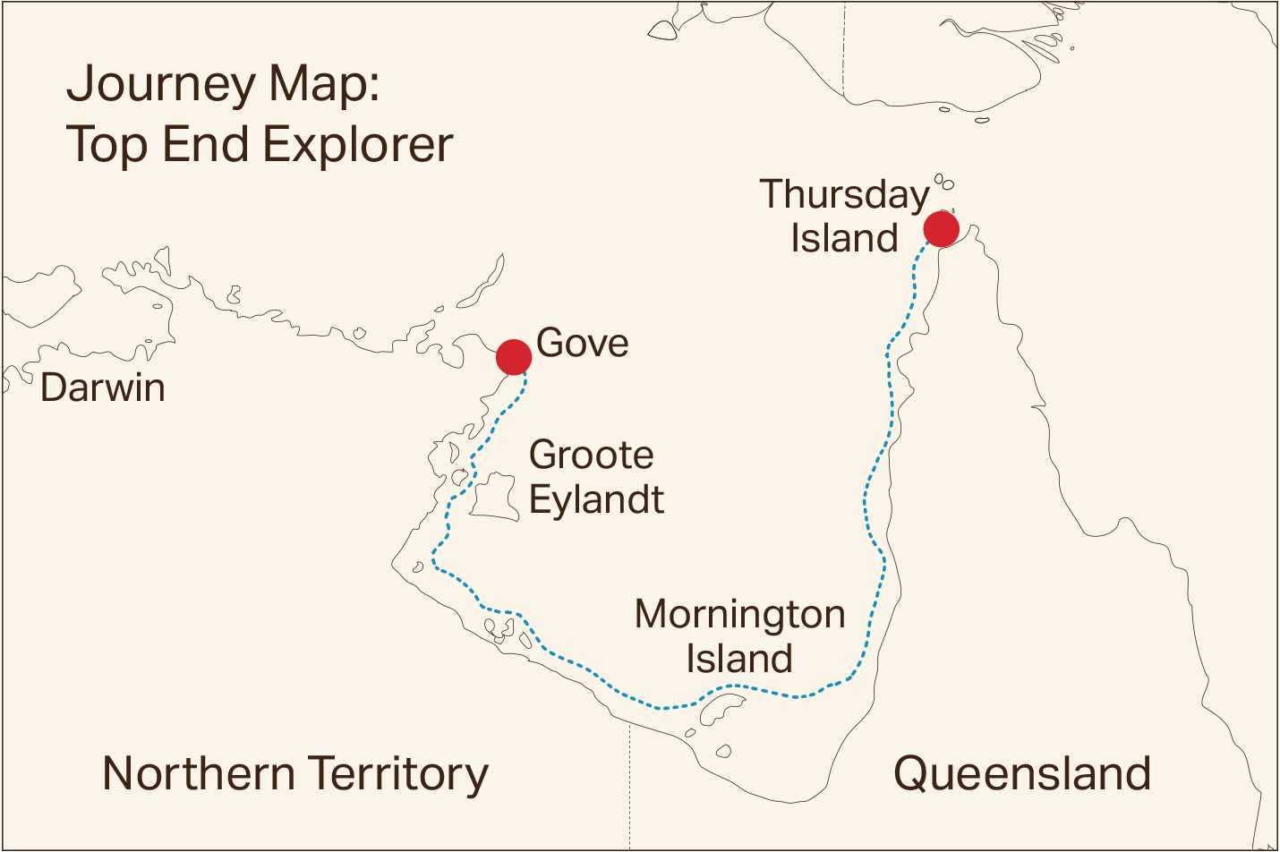 Journey map of Top End Explorer between Gove and Thursday Island